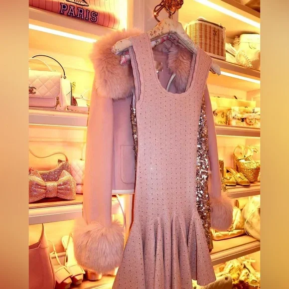 LoveShackFancy Maryanne Crystal Knit Mini Dress In PINK CHAMPAGNE, brand new. - Picture 8 of 15